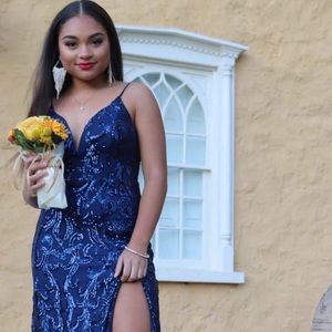 navy sequined prom dress